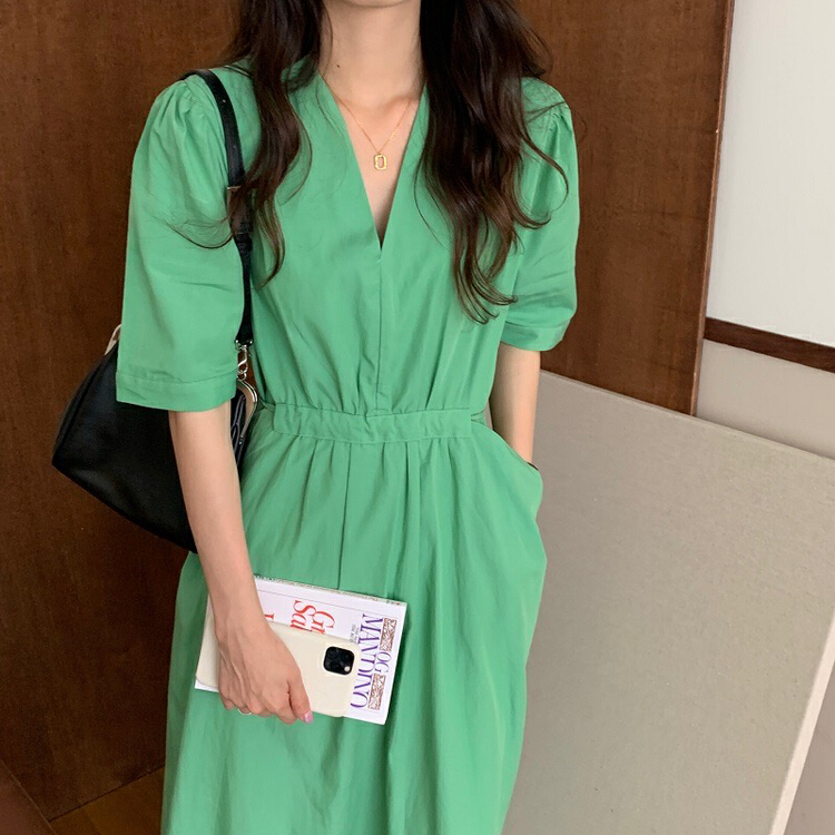 [timely rain] simple and high-quality, slim V-neck dress 65552# WPL