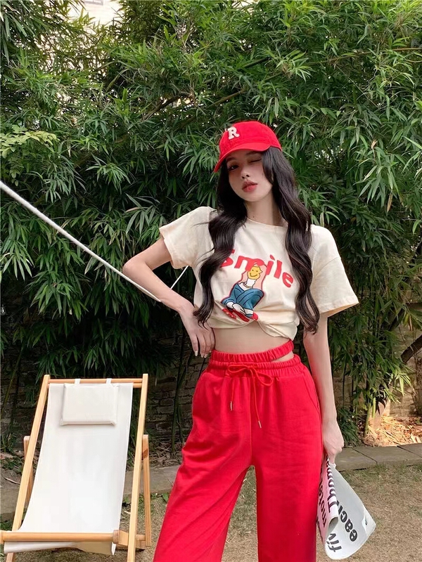 goods in stock! [pan] Hong Kong chic net Red Printed short sleeved T-shirt + open waist casual pants set 00372# PCZ