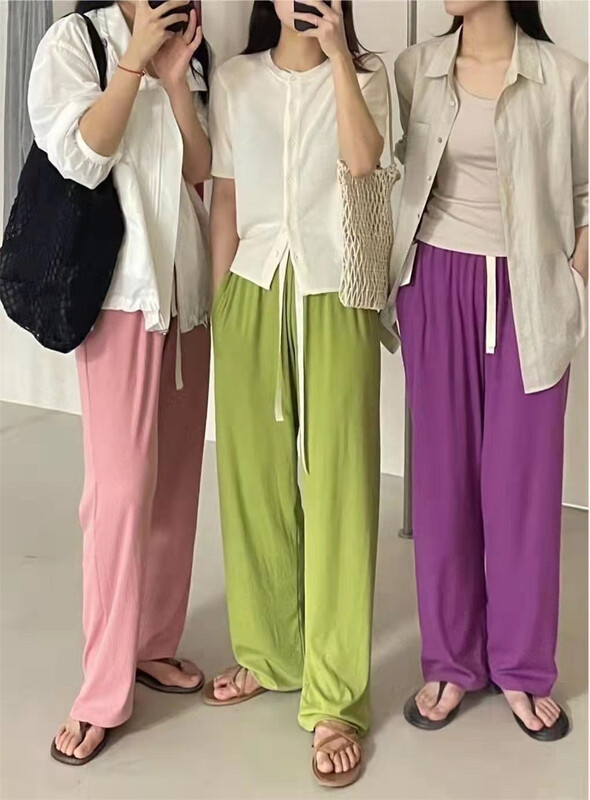 [e + 1] simple loose elastic waist casual pants b8048# ZSY
