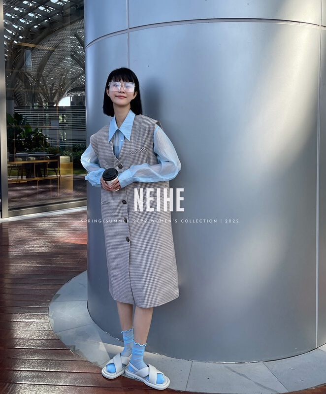 早春上新!【NEIHE】格子中長款馬甲背心連衣裙  11235#  ZXX