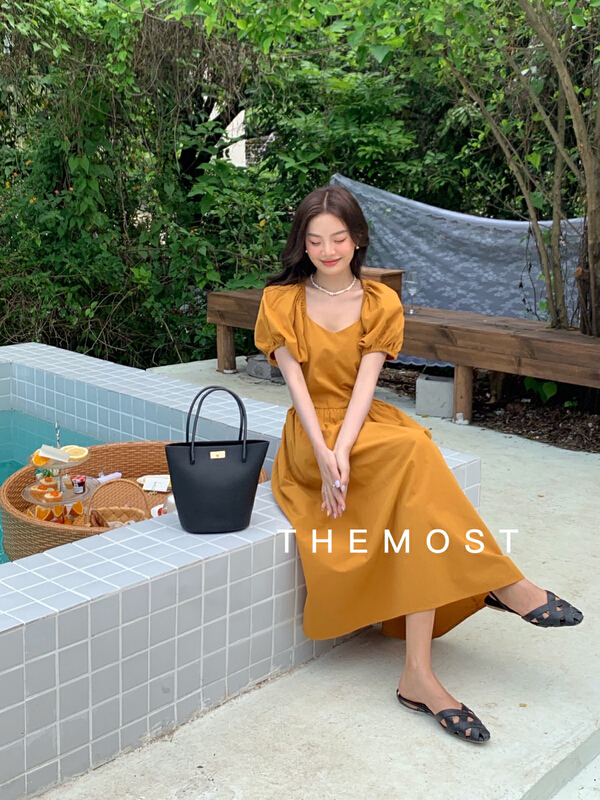 [the most] narrow waist, slim square neck, bubble sleeve dress 8852# HBx