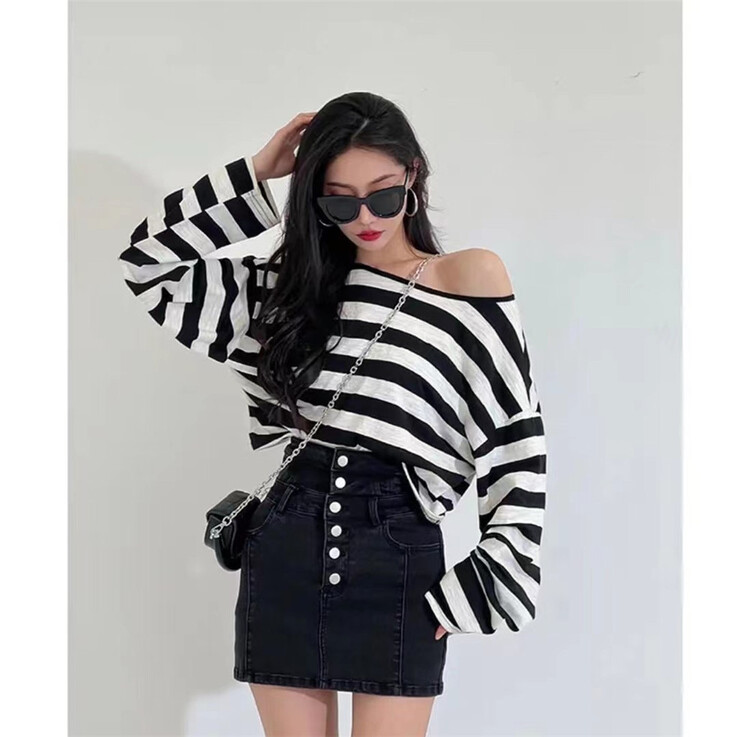 [lucky. Bibi] Korean striped backless sunscreen shirt + high waist denim skirt two-piece suit 1015# cqw