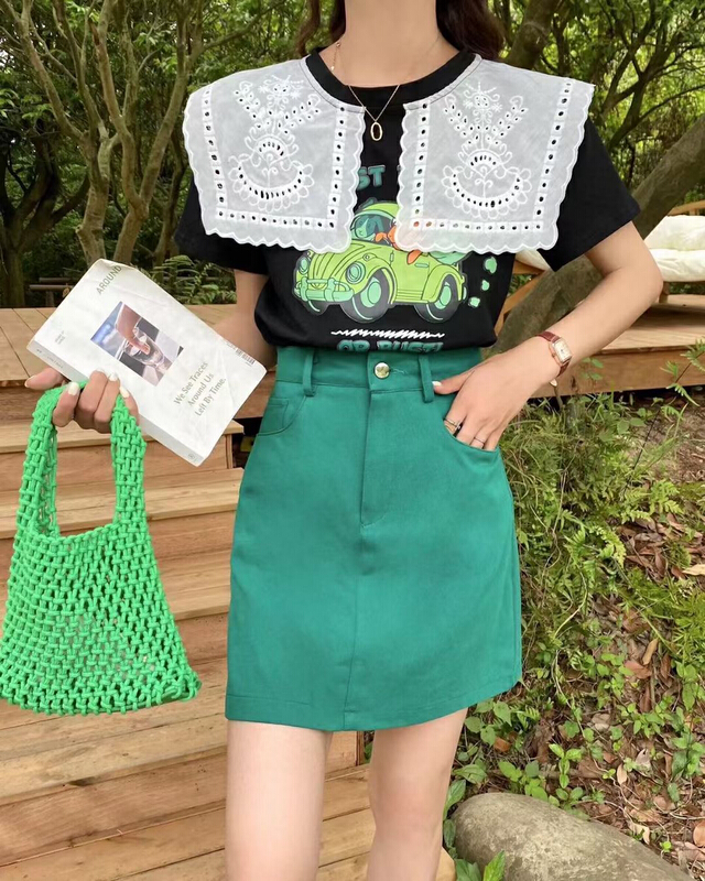 [JH] net red stitched lace doll neck T-shirt + denim skirt suit 41723# PCZ