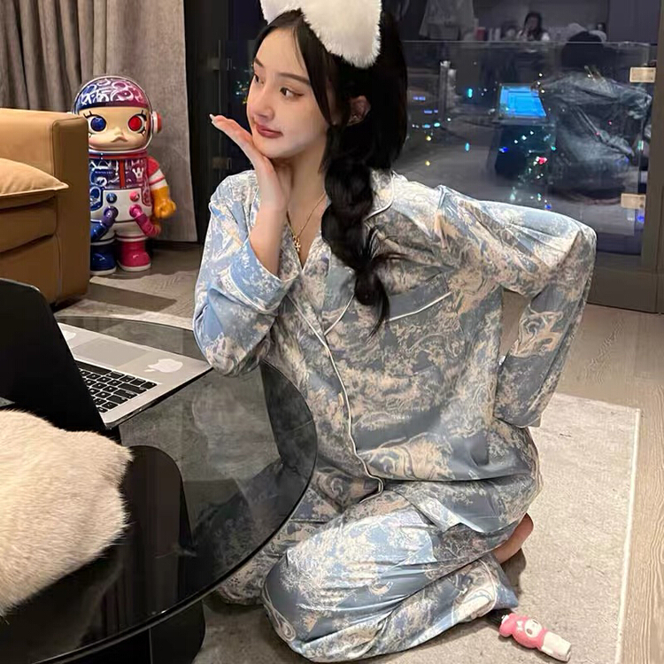 [Nancy] milk soaked ice blue pajamas + Silk loose thin high-grade pajamas set 0021# WPL