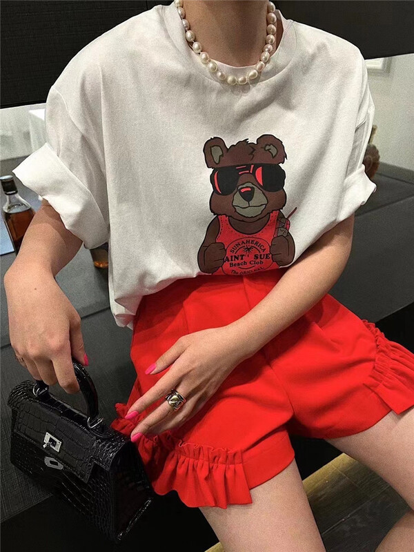 [Han C family] Korean casual cartoon short sleeved T-shirt + high waist slim casual Shorts Set 9413# PCZ