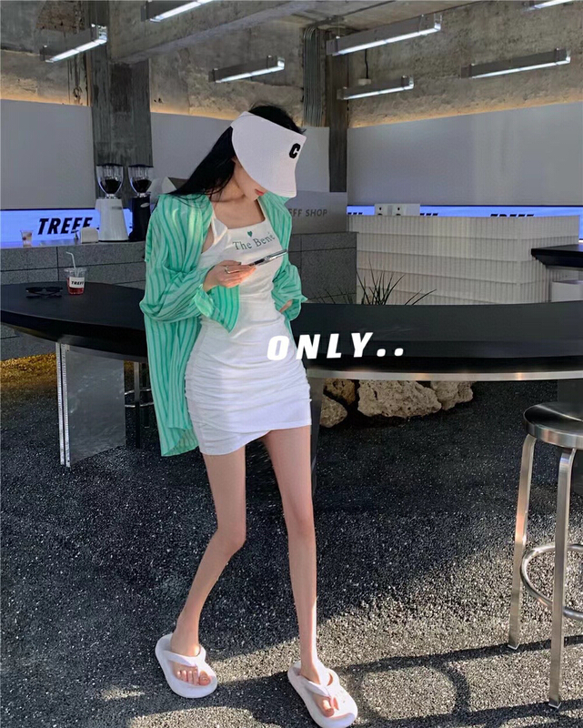 [only] lettered suspender dress + striped large sunscreen shirt set 8319# JJ