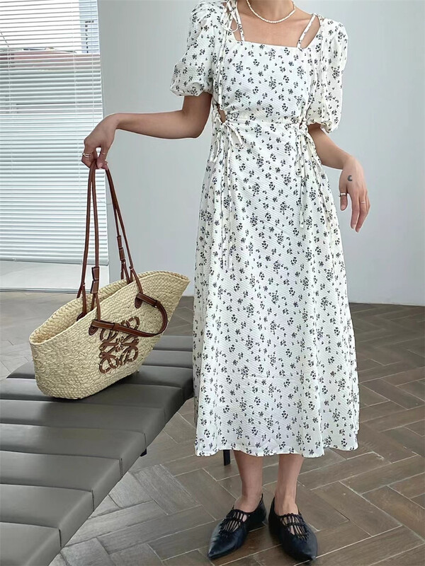 [black + white] French square neck floral thin medium length dress 2s10763u# lwy