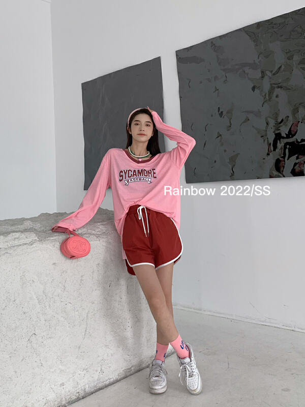 [rainbow] V-neck sports style letter sunscreen shirt + loose casual Shorts Set 5269# WTT