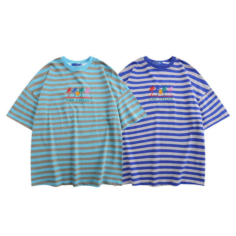 New in early summer! [INS error] crew neck stripe embroidery Unisex short sleeve T-shirt t2355# hyy