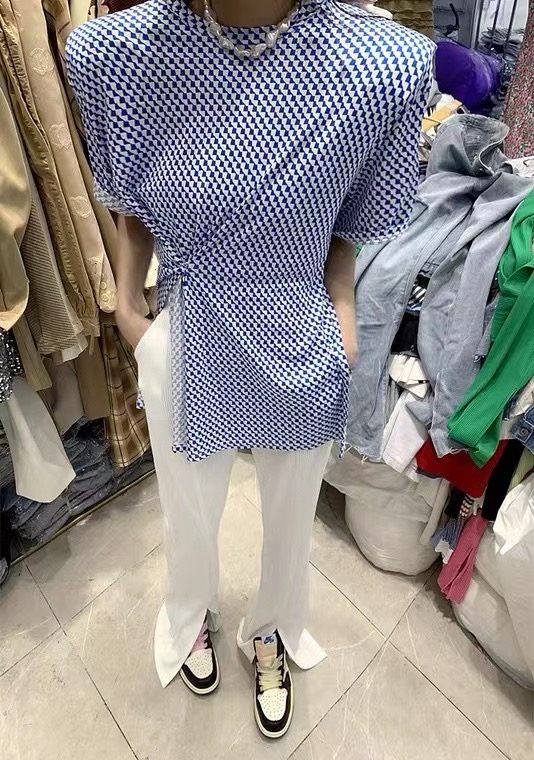 New in early summer! [K.X] Korean side button padded shoulder Plaid versatile short sleeve T-shirt 9331# WTT