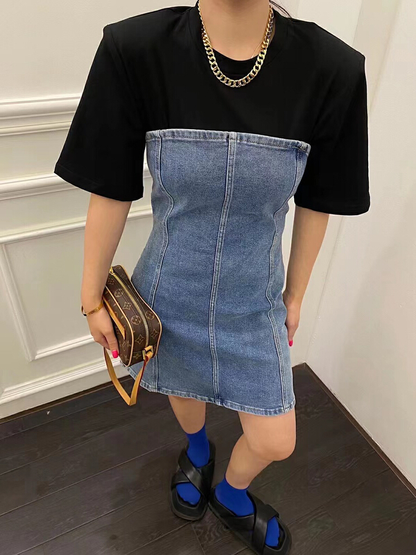[RM. HH] letter printed short sleeved T-shirt + Strapless slim dress set 2108# PCZ