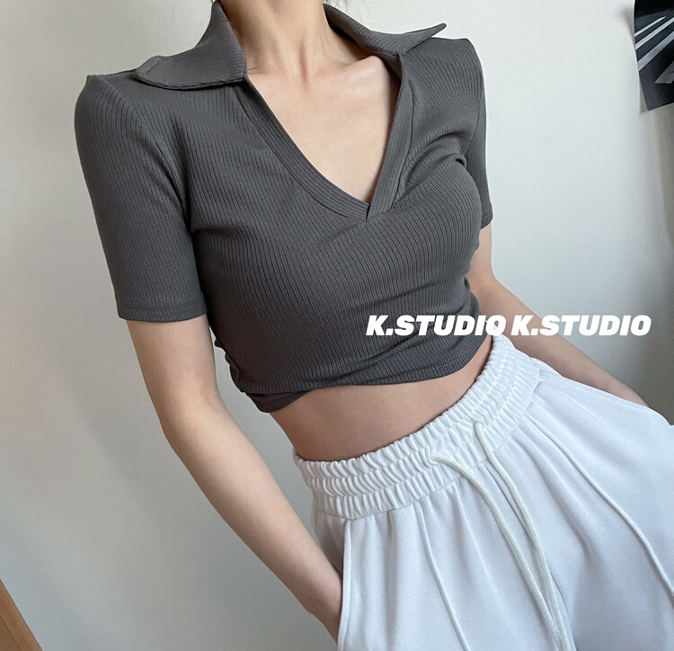 早春上新!【KIM STUDIO】休閒簡約小翻領短款短袖T恤  3218#  PCZ