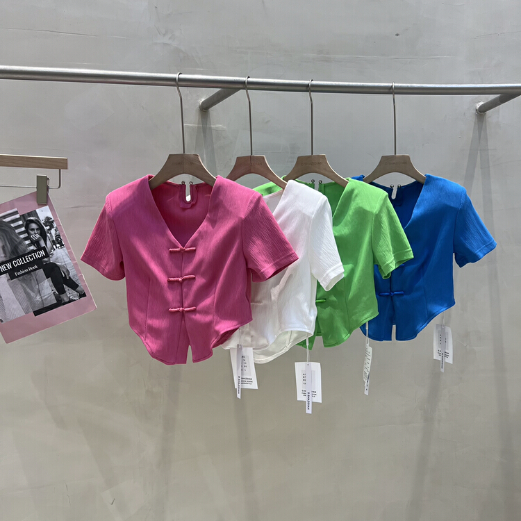 [o.shazidian] retro disc buckle design V-neck short sleeve T-shirt 1381# CSX