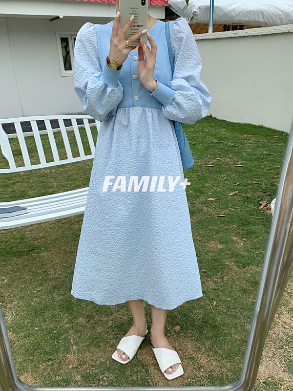 [family +] Korean V-neck ice silk stitched fine glittering bubble sleeve dress 22328# ozq