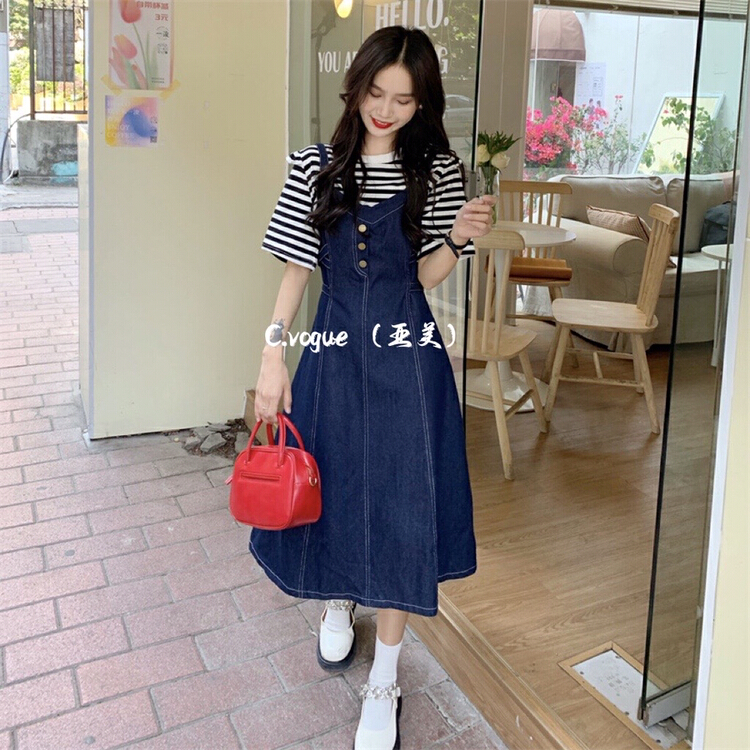 New in early summer! [c.vogue] Korean sweet and gentle stripe short sleeve + Korean thin solid color denim hanging suit 29230# PCZ