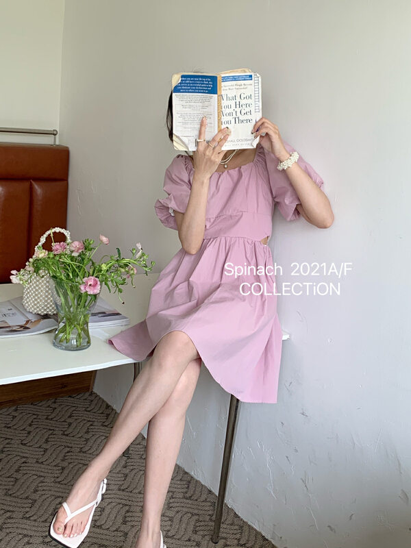 [spinach home] simple waist free bubble sleeve dress (hair band) 6961# HBx