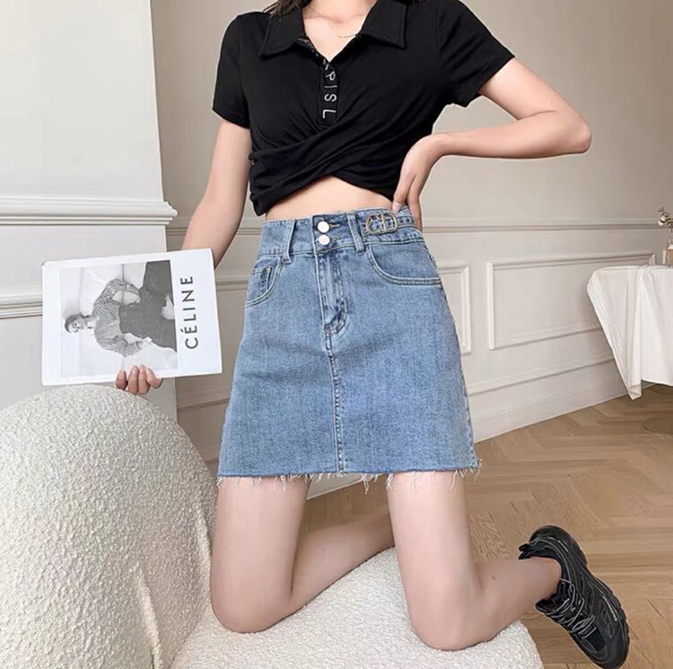[M +] temperament slim denim skirt 8809 blue 8810 light blue # CLS