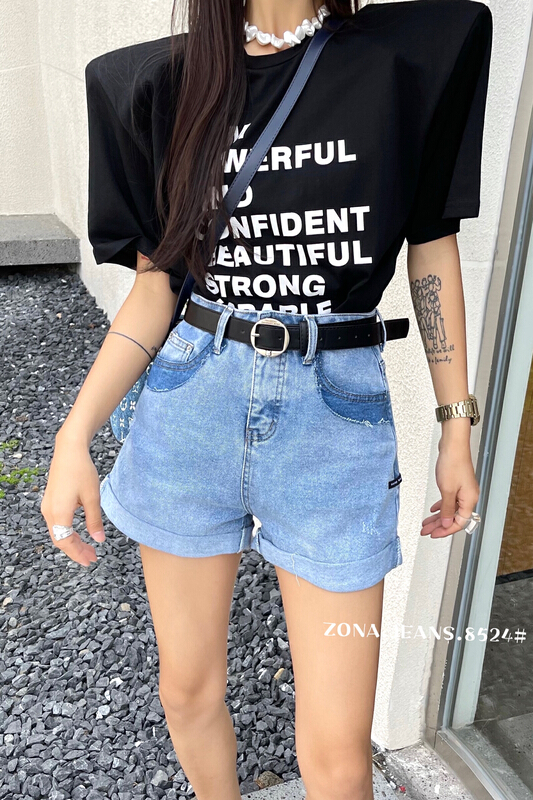 [zona] contrast pocket high waist denim shorts (with belt) 8524# ozq