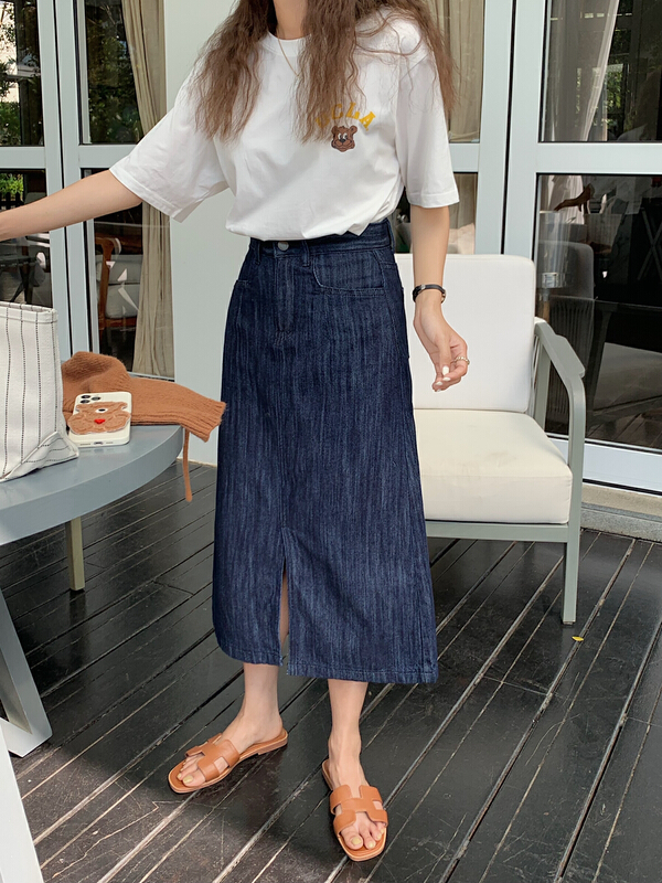 New year in early spring! [meet me] simple and versatile solid medium length denim skirt ys-6926# ll