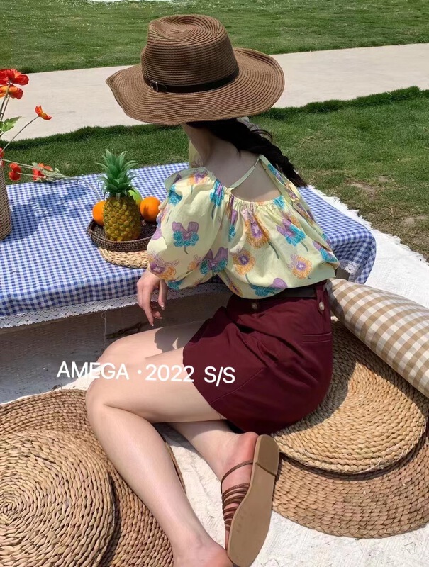 [amega] one shoulder floral back lace up blouse 6949# HBx