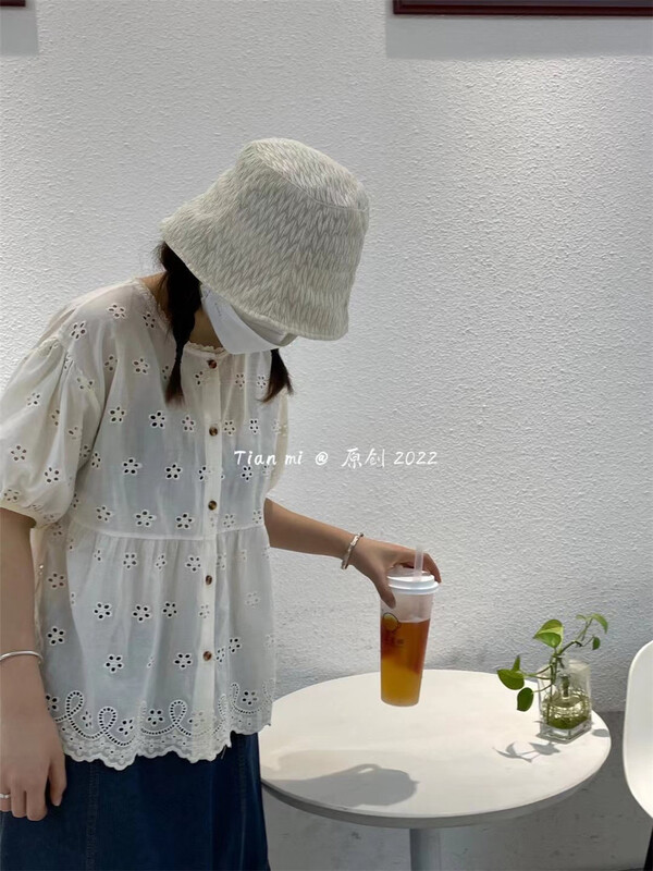 [Tian MI] Korean flower hollowed out, simple and versatile small shirt 9009# L