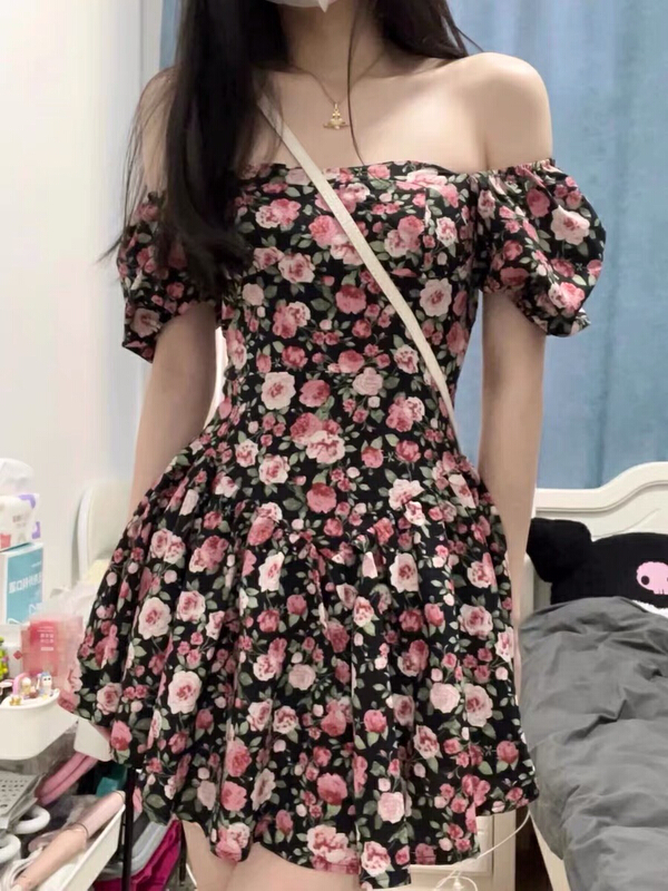 New in early summer! [Yingying new clothes] rose floral high waist square neck dress 7349# Cl