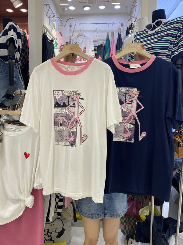 Original price 50.76! [Naikan Nik] Korean cartoon Pink Leopard printed round neck loose short sleeve T-shirt 8139# lwy