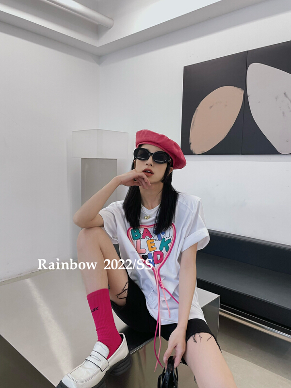 [rainbow] Korean round neck love contrast short sleeve T-shirt 11822# WTT