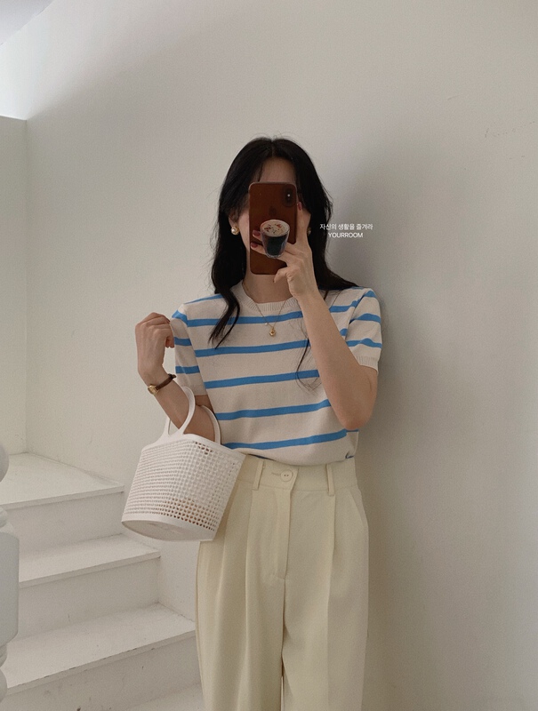 [your room] Korean stripe short sleeve sweater 10313# cqw