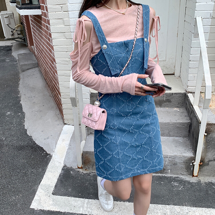 [timely rain] Han Feng ins Vintage Lingge water wash, used, loose, versatile and thin suspender skirt (only suspender skirt) b8728# WPL