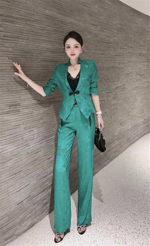 [Torreya grandis] simple and versatile buckle suit + versatile basic comfortable jacquard trousers suit 6119# JJ