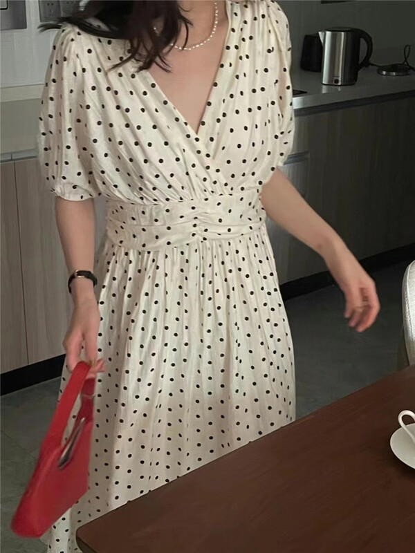 [o.lucky] fashion temperament V-neck wave point dress 1401# HBx