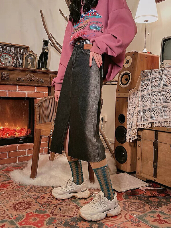 New year in early spring! [mate fashion] Vintage high waist loose gradient split A-line Denim Skirt Blue 8081 black 8081-1# ozq