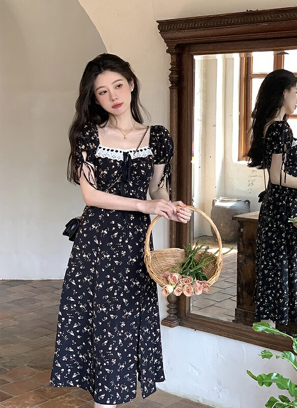 [smile baby] French Vintage square neck drawstring tie bow dress b3080# WPL