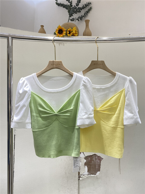 New in early summer! [Ziyuan] Korean round neck splicing design short sweater ys1-8676# zxx