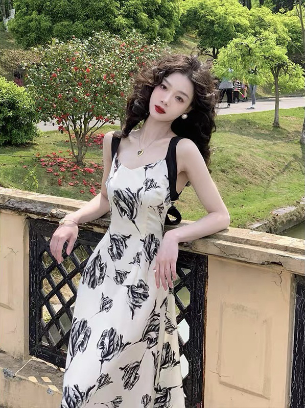 [smile baby] French retro color contrast suspender broken Flower Bow Dress + sunscreen suit b3085# WPL