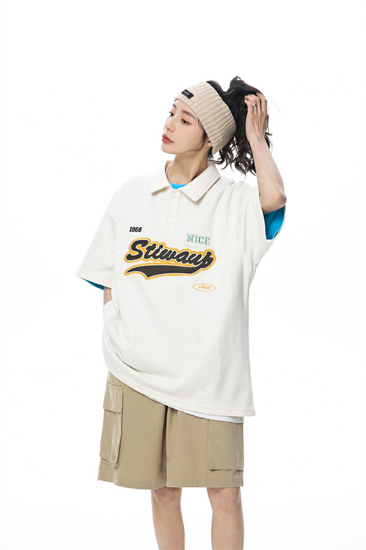 New in early summer! [Tess] embroidered Polo neck American fashion short sleeve T-shirt stit049# ZZL