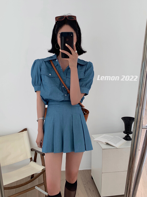 New in early summer! [lemon green tea] Korean bubble sleeve denim shirt + slim skirt suit 2120# hjy