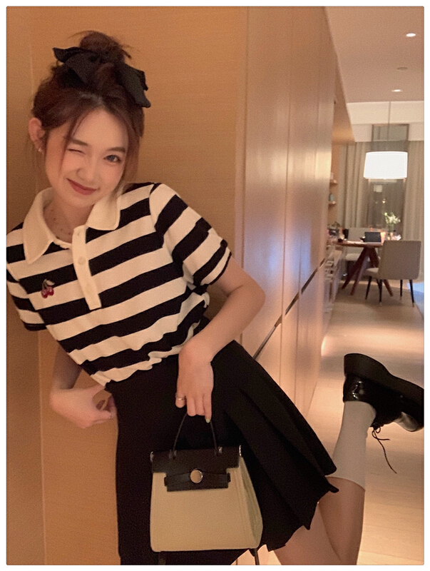 [timely rain] Korean style ins design sense cherry Polo neck stripe short sleeve T-shirt + versatile high waist thin A-line pleated skirt set 01281# WPL