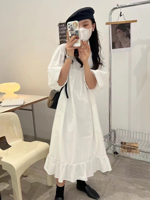 New in early summer! [C oni] puff sleeve pleated Korean simple cotton dress (without bag)) c360-r9235# HLL