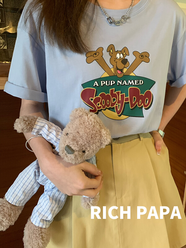 New in early summer! [rich Papa] Vintage Dog Print loose short sleeve T-shirt t235# zxx