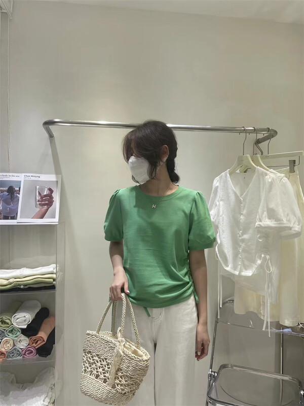 New in early summer! [Lina] simple solid color bubble sleeve drawstring short short sleeve T-shirt 8845# zxx