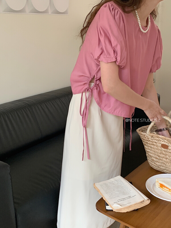 [note] Korean drawstring design, vintage Lantern Sleeve Shirt 22503# HBx
