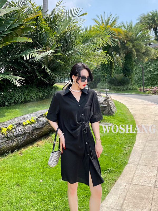 [woshang woshang] bandage waist closing thin black pleated shirt (with waist rope) 1261# XYJ