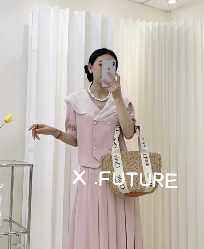 [x.future] French stitched double neckline button blouse + pleated slim skirt two sets j8057# zxx