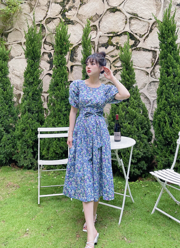 [mi2] Korean floral bubble sleeve waist dress a3282# JJ