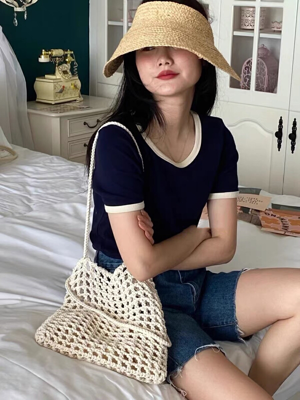New in early summer! [blue show] simple and versatile color matching round neck short sleeve T-shirt 992# LSW