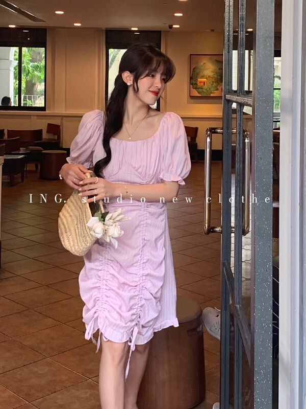 New in early summer! [ing] pleated drawcord design slim fit square neck dress 6973# HBx