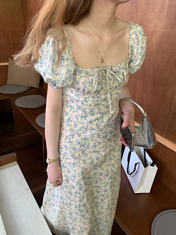 [L.L studio] square neck floral waist closing bubble sleeve dress 77130# PCZ