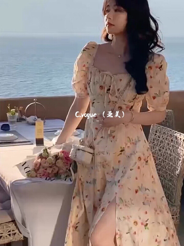 [c.vogue] French style square neck floral design, split, sweet and thin dress 2913# PCZ
